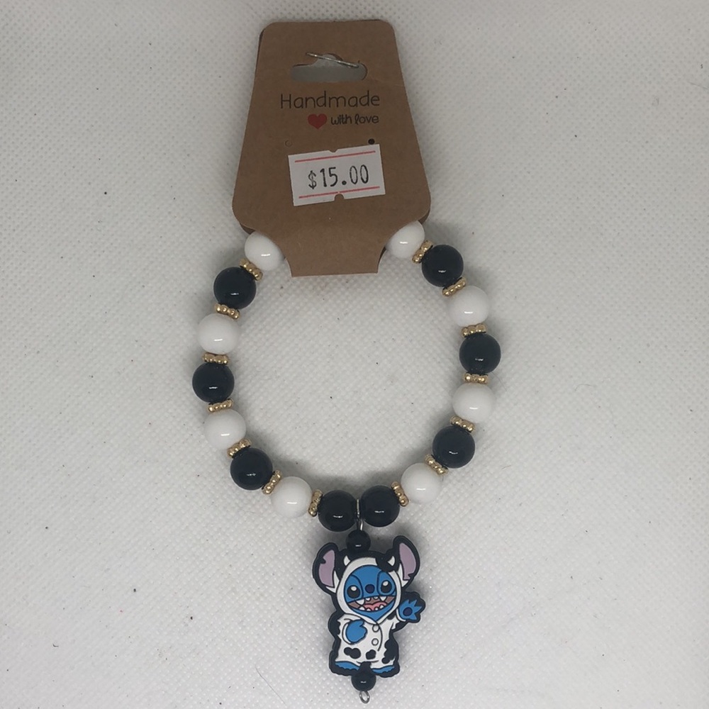 🟢 Stitch Blue Alien Stitch Cow With Costume Black And White Beaded Bracelet - Picture 11 of 11